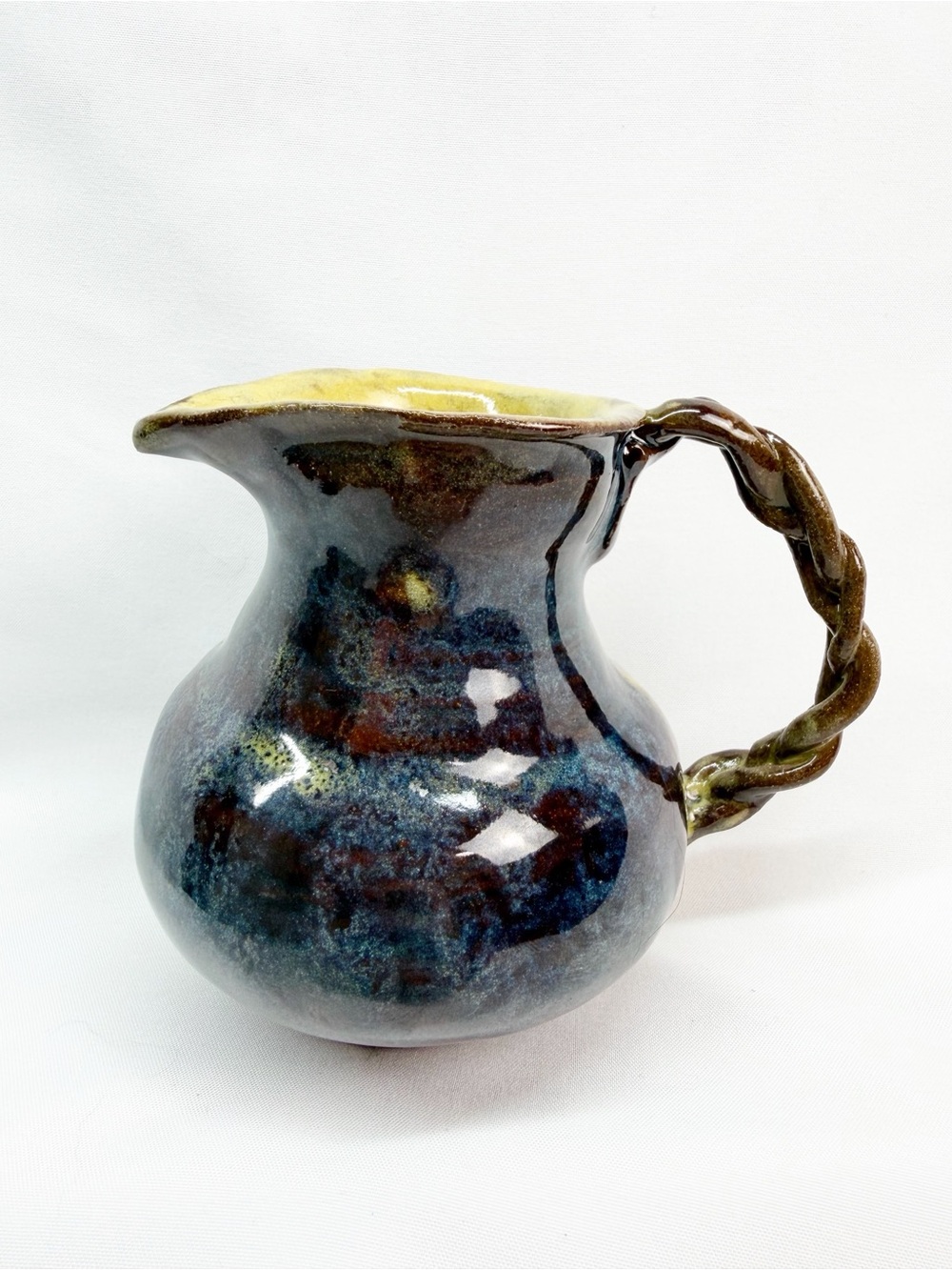 Vintage Art Pottery Braided Handle 3.5” Pitcher Jug Vase